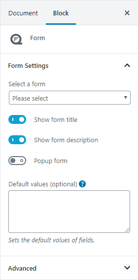 Quform editor block settings